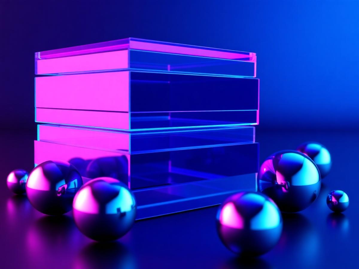 Stacked translucent glass panels and chrome spheres in indigo light