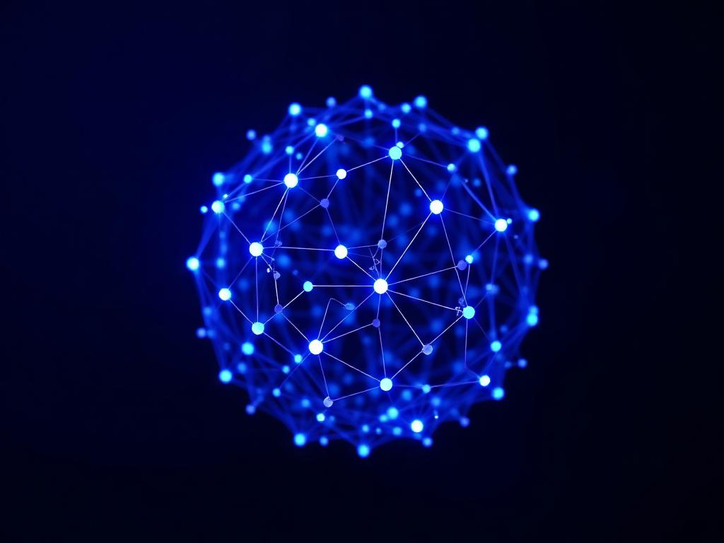 Glowing neural network sphere of connected indigo nodes