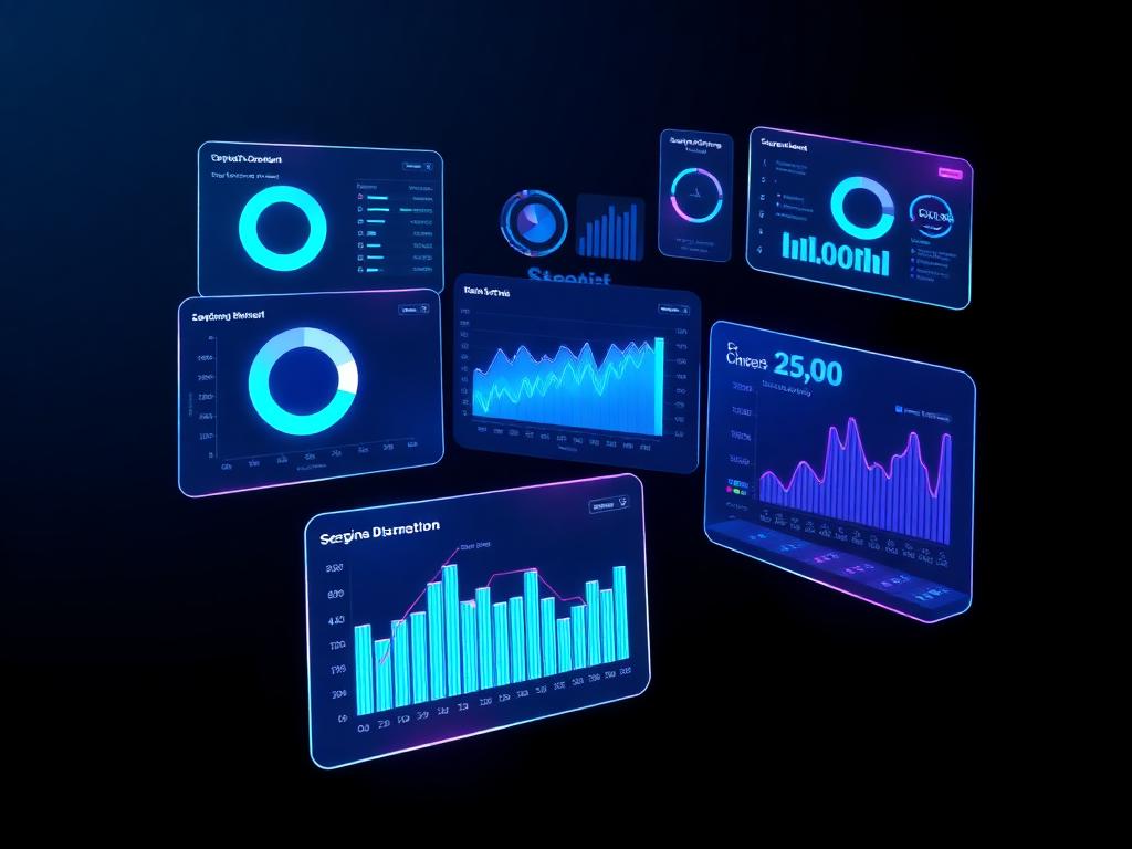Holographic enterprise dashboard panels with glowing charts